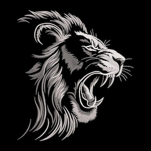 Puede incluir: Ilustración detallada en blanco y negro de la cabeza de un león rugiendo. La melena y los rasgos faciales del león están intrincadamente diseñados con líneas finas, mostrando dientes afilados y la boca abierta sobre un fondo negro. La obra evoca una sensación de poder y ferocidad.