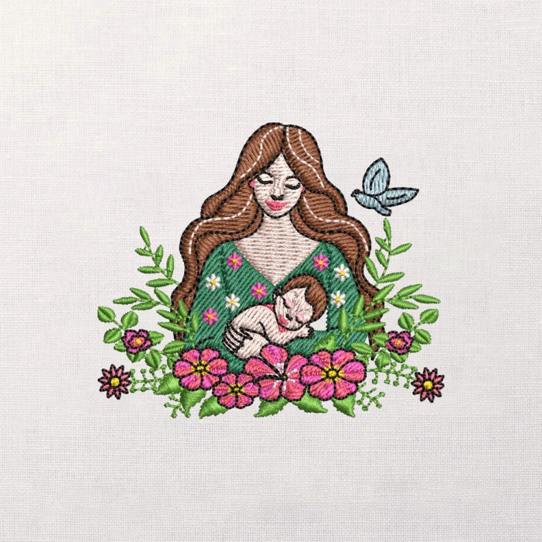 Mother and Baby Embroidery Design, Floral Motherhood Pattern, Butterfly ...