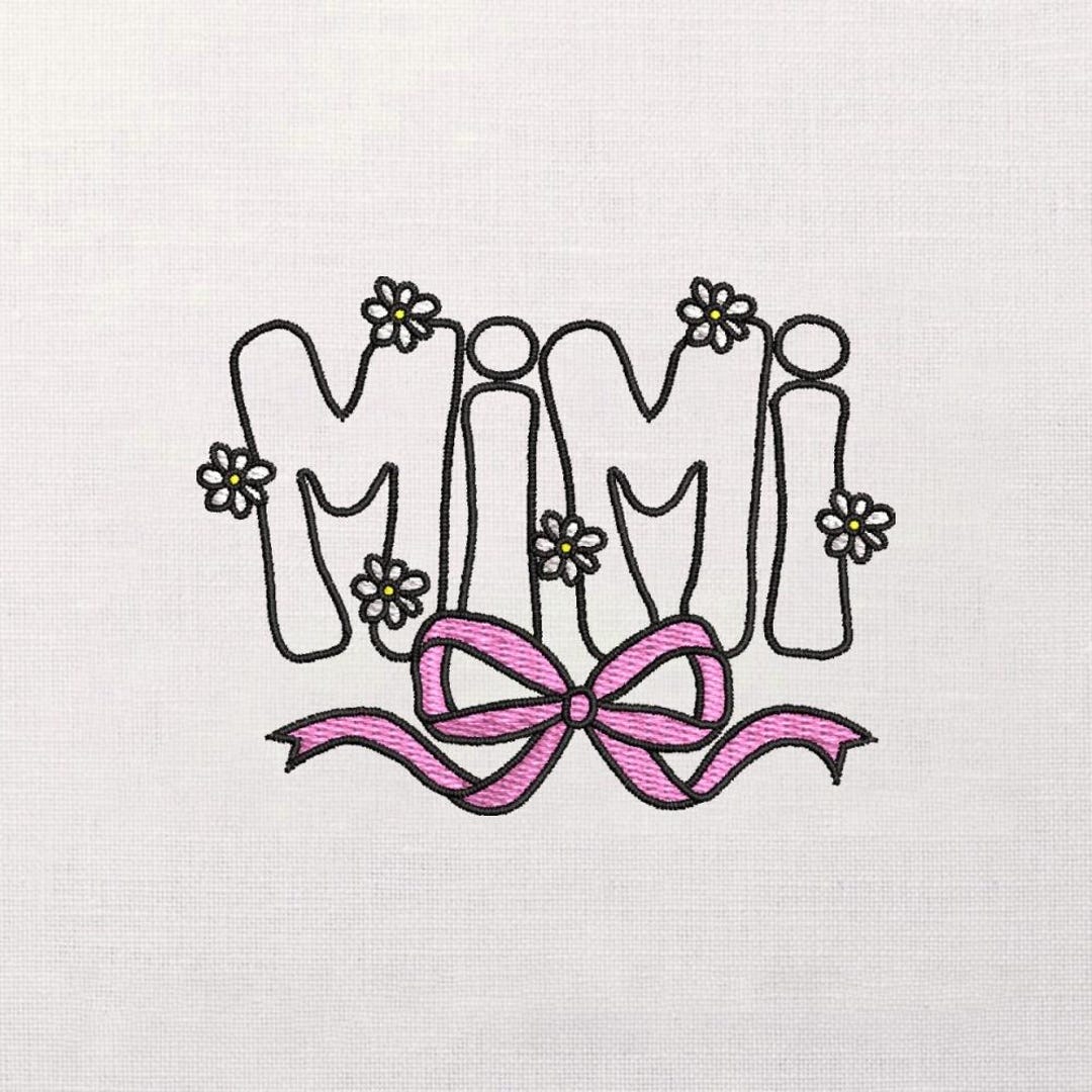 ♡MIMI Mimi Name Embroidery Design, Daisy Accents, Pink Ribbon Bow, Satin
