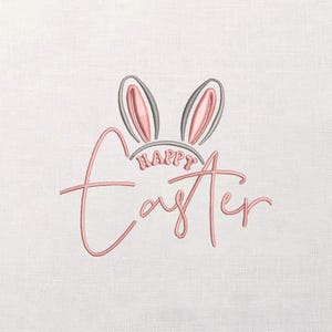 May include: Embroidered design with the words "Happy Easter" in a cursive font, accompanied by bunny ears. The ears are gray with pink inner ears. The text and ears are in a soft pink color, set against a white background.