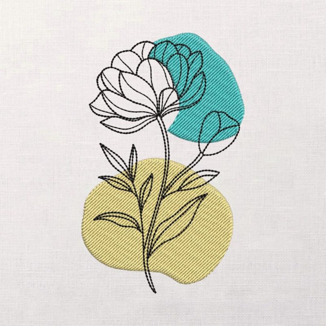 Botanical Outline Embroidery Design, Abstract Color Block Flower ...