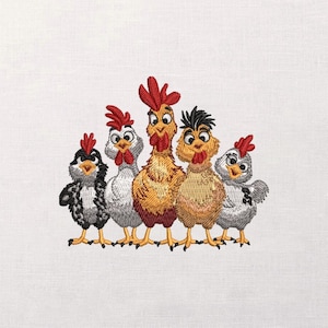 Dumme Henne und Hahn mit Küken Stickmuster, Cartoon Bauernhof Vögel, Bauernhaus Küche Stichmuster, Baby Lätzchen oder Schürze Dekor