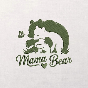 Broderidesign för mammabjörn och unge, skriptmönster för mammabjörn, enfärgade stygn, present till mors dag, direktnedladdning