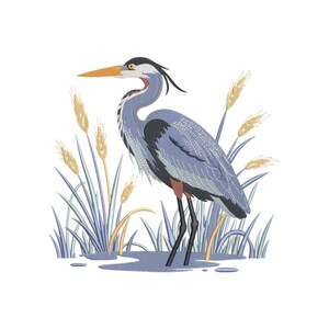 May include: An embroidery design featuring a great blue heron standing in water among tall grasses. The bird has blue-gray feathers, a long orange beak, and black accents. The surrounding reeds are rendered in shades of gold and light blue.