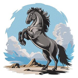 May include: An embroidered design of a rearing black horse against a backdrop of a blue sky with clouds. The horse is the central focus, with detailed shading and a flowing mane and tail. The scene includes a desert landscape.