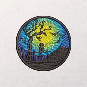 May include: Embroidered patch featuring a Halloween scene. A black cat sits on a fence, silhouetted against a yellow moon and a blue sky. A bare tree and flying bats complete the spooky design, all within a circular border.