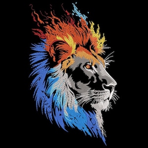 Majestic Lion Head Embroidery Design, Colorful Flame Mane Stitch Pattern, Jungle Animal Machine Embroidery File, Instant Download