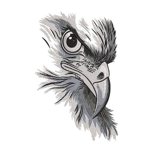 Könnte beinhalten: Detaillierte Schwarz-Weiß-Grau-Illustration eines Adlerkopfes, die Auge, Schnabel und Federn zeigt. Das Kunstwerk ist eine Nahaufnahme, die sich auf den intensiven Blick des Vogels und das strukturierte Gefieder konzentriert. Das Design ist wahrscheinlich für Stickereien.