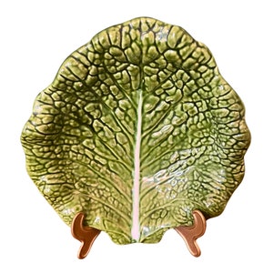 MAJOLICA Glazed Ceramic Green CABBAGE Leaf Large BOWL, circa 1960