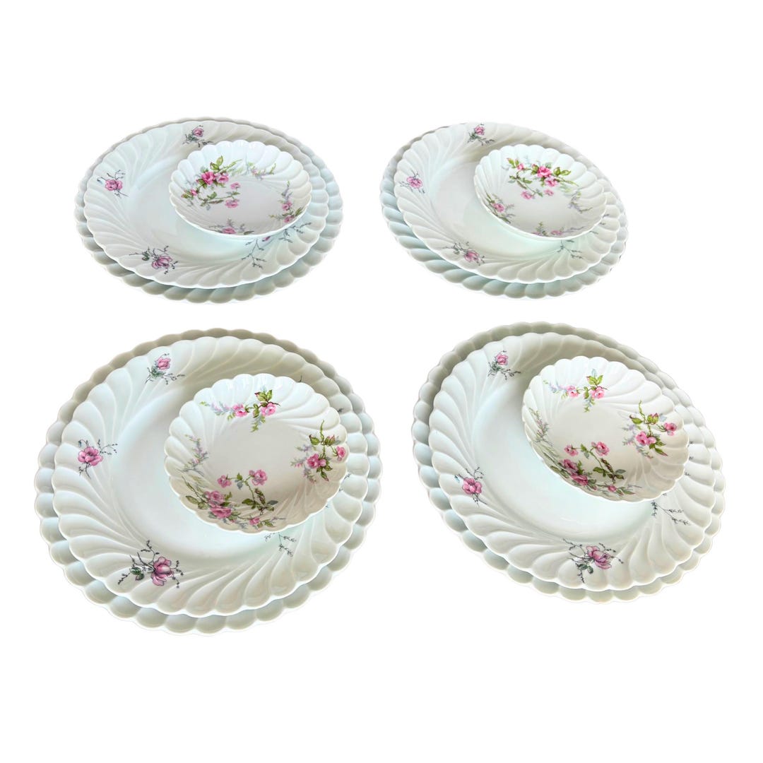 ハビランド・リモージュ磁器 12ピース 4人用食器セット、ピンクの花柄