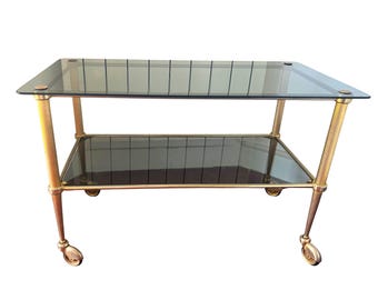 Vintage Brass & Smoked Glass Bar Cart on Castors, Hollywood Regency, Maison Jansen Style, French Drinks Trolley, circa 1960