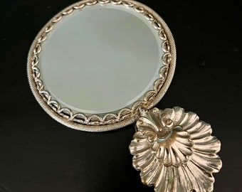 Ancien Petit miroir ART-DÉCO à double facettes en métal argenté de France XIXème / Miroir à main / miroir de courtoisie / miroir de poche