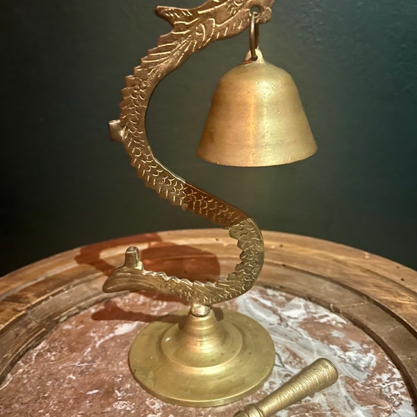 Cloche dragon en bronze et laiton et maillet en bronze / cloche de temple / gong chinois / cloche d’attention