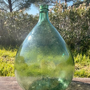 19th Century French LARGE GREEN DEMIJOHN or Dame Jeanne Hand Blown glass, 28 Litres Capacity / Bottle Antique, Carboy / Jimmyjohn