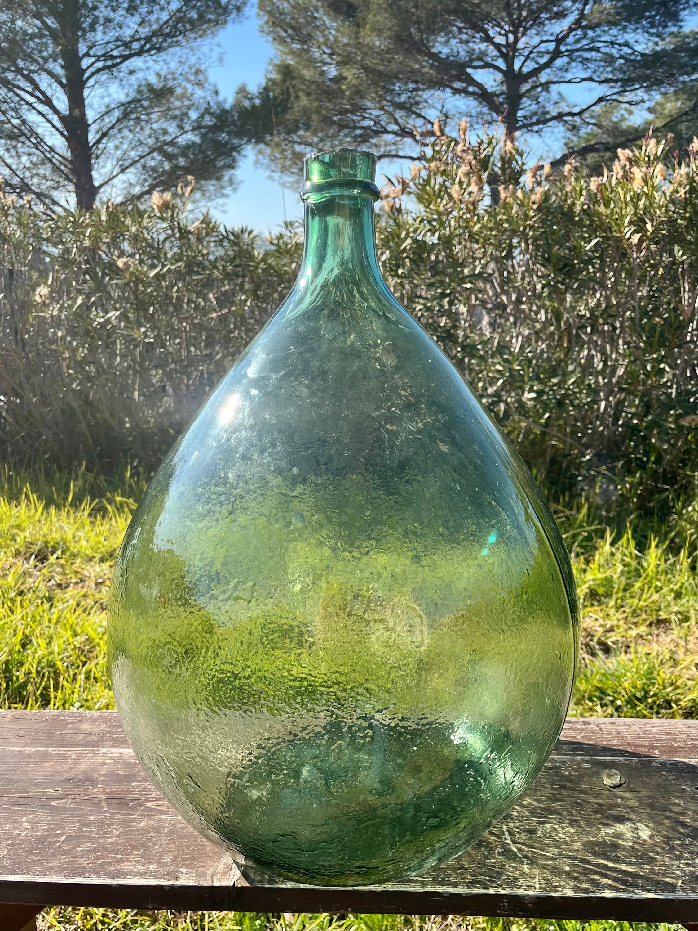 19th Century French LARGE GREEN DEMIJOHN or Dame Jeanne Hand Blown