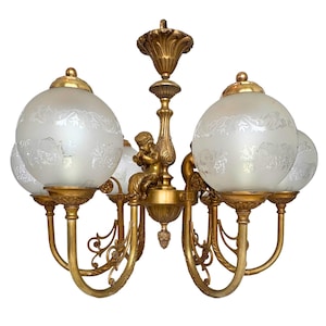 Antique French Louis XV Style Gilt Bronze Figural Chandelier with 6 Etched Globes, circa 1890