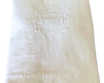 ANTIQUE FRENCH Linen Double Sheet, Embroidered Monogrammed “AB”, (78.7 in x 118.11 in), circa 1900