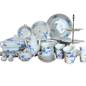 Haviland Limoges Porcelain Dinnerware Set for 12 – 82 Pieces, Blue Cherry Blossom, French Fine China, circa 1950