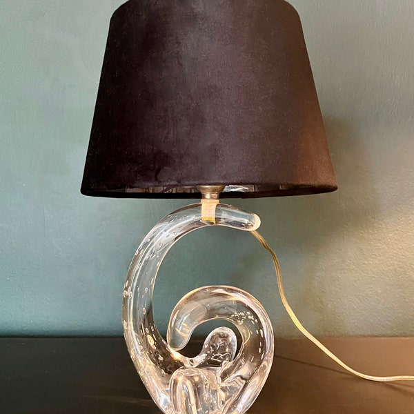 LAMPE de table vintage en CRISTAL bullé par Robert SCHNEIDER, France 1950 avec abat-jour