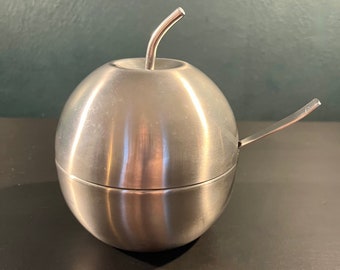 SUCRIER italien vintage "POMME" en ACIER inoxydable brossé et cuillère originale par Morinox