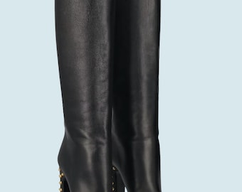 GUCCI Black Leather Gold Studded Knee-high Heel Boot