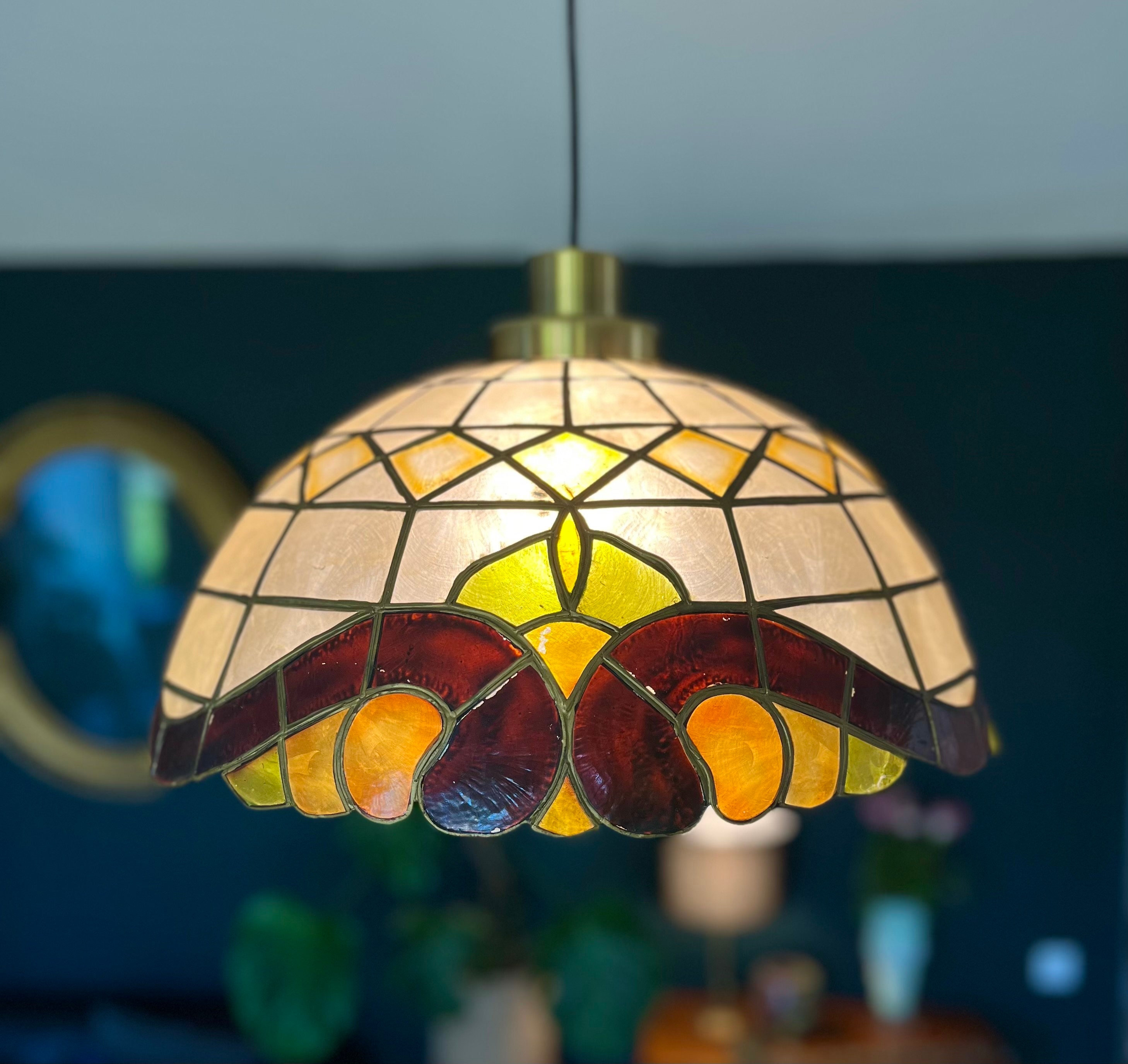 Plafonnier Vintage Art Déco - Boule Verre Opaque Motifs Floraux - France