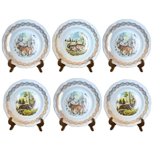 LIMOGES WILD GAME / Hunting Plates Set for 6, Circa 1930