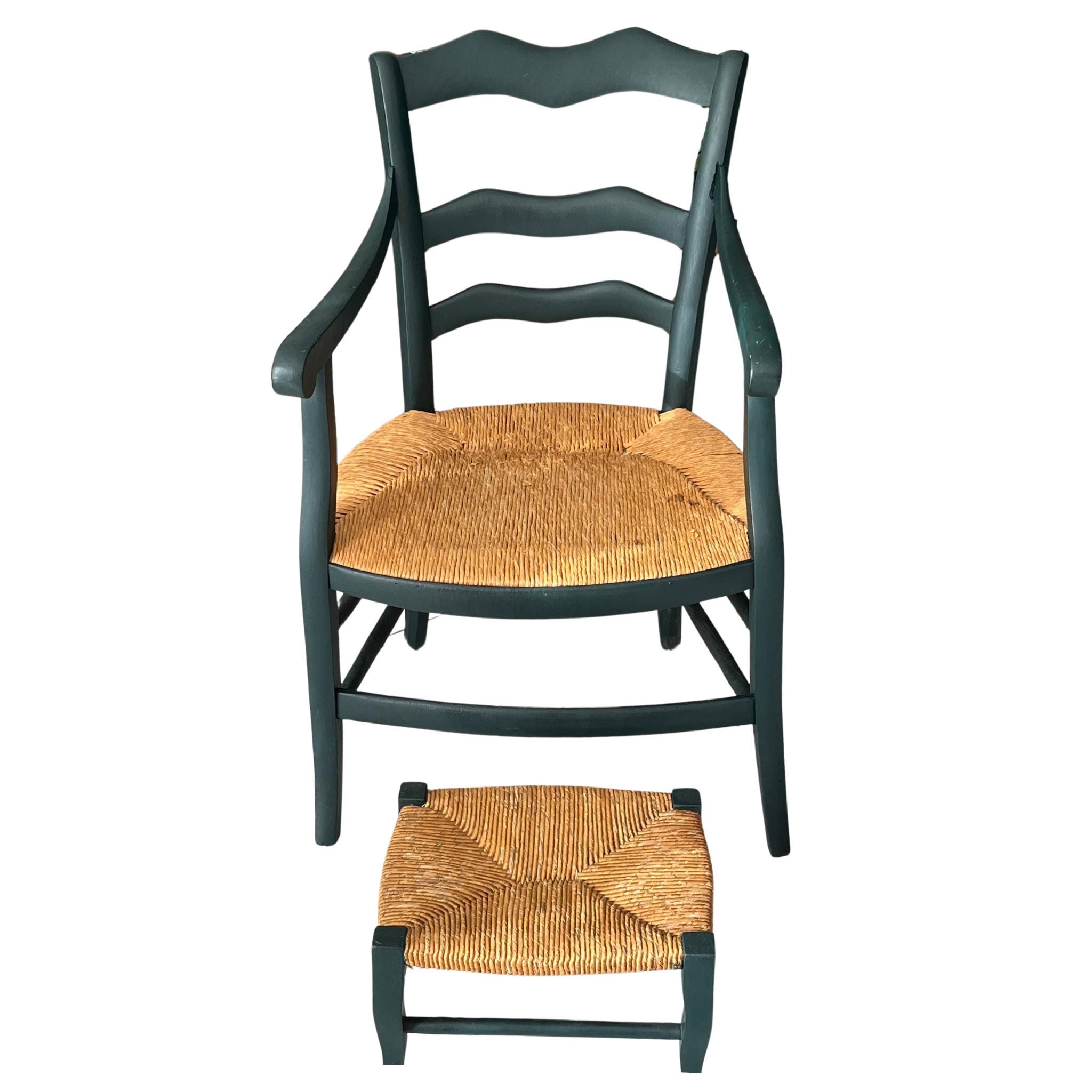 Fauteuil Provencal Louis Xv En Paille Et Bois Son Repose-Pieds, Circa 1920