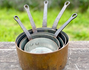 FRENCH COPPER PANS / Vintage set (5 pieces) / Copper Saucepans Pots / Kitchen Cottage Decor / Farmhouse