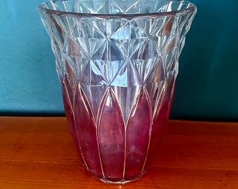 Val St. Lambert ART DECO Cranberry Overlay Cut to Clear Crystal VASE