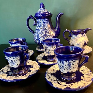 MAJOLICA Vallauris Blue Ceramic Coffee/TEA SET Mid-Century France 1950 Tea Set for 4 people  / blue ceramic tableware teapot milk jug