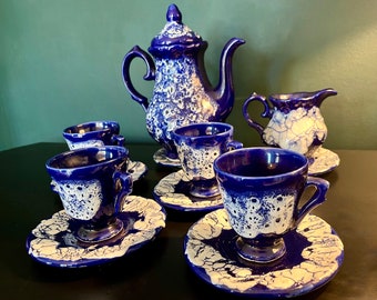 MAJOLICA Vallauris Blue Ceramic Coffee/TEA SET Mid-Century France 1950 Tea Set for 4 people  / blue ceramic tableware teapot milk jug