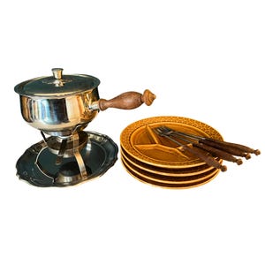 Inox and Wood Jean Couzon Fondue Set for Sarreguemine France, circa 1960