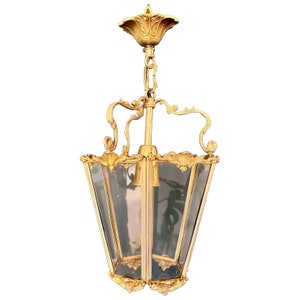 JUGENDSTIL-Hängelaterne aus vergoldeter Bronze und Glasfacetten um 1900 / Hängelampe / Hängelaterne / Sechseckiger Kronleuchter