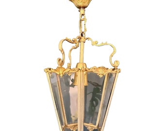 JUGENDSTIL-Hängelaterne aus vergoldeter Bronze und Glasfacetten um 1900 / Hängelampe / Hängelaterne / Sechseckiger Kronleuchter