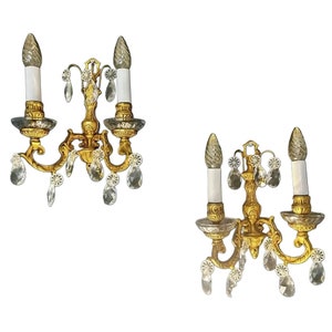 19th Century Pair of Louis 16 Wall SCONCES in Gilt BRONZE & CRYSTAL, circa 1880