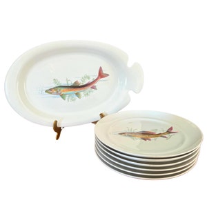 Vintage French LIMOGES Porcelain FISH Platter SET with 6 Plates, circa 1930