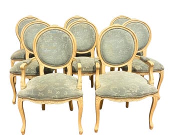 Set of 8 French Louis XVI Style Dining Chairs & Armchairs, Faded Teal Floral Upholstery, circa 1950s