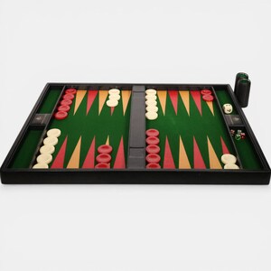 Vintage Crockfords London Casino Backgammon Table Top Board, Black Leather Frame, Green Baize, with Checkers, Cups and Dice