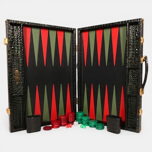 Vintage Hector Saxe Paris Backgammon Set, Tournament Size, Green Crocodile Pattern Leather, Complete with Cups, Dice and Doubling Cube