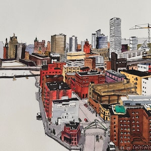 Könnte beinhalten: Eine Aquarell-Illustration einer Stadtlandschaft mit Gebäuden in verschiedenen Brauntönen, Rot und Grau. Die Gebäude stehen dicht beieinander und im Vordergrund befindet sich ein Fluss. Der Text "Hopper Aisle Polish" ist auf einem der Gebäude sichtbar.
