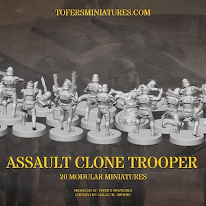 Puede incluir: Un conjunto de 20 miniaturas de Asalto Clone Trooper, cada una sobre una base circular. Las figuras est&aacute;n en varias poses de acci&oacute;n, sosteniendo armas. Se muestra el texto "ASSAULT CLONE TROOPER" y "20 MODULAR MINIATURES". Las miniaturas miden 3,2 cm.