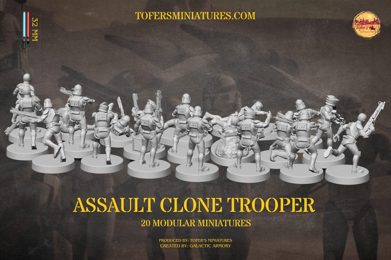 Puede incluir: Un conjunto de 20 miniaturas de Asalto Clone Trooper, cada una sobre una base circular. Las figuras est&aacute;n en varias poses de acci&oacute;n, sosteniendo armas. Se muestra el texto "ASSAULT CLONE TROOPER" y "20 MODULAR MINIATURES". Las miniaturas miden 3,2 cm.