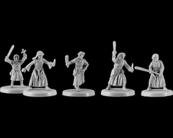 May include: Five miniature figures of people dressed in medieval clothing, holding various weapons. The figures are painted in shades of gray and are standing on round bases.
