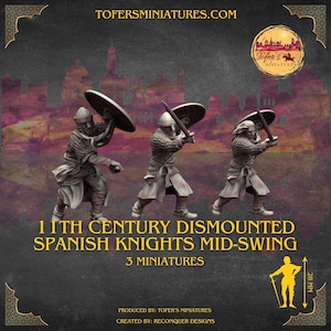 Set of 3 11th Century Dismounted Spanish Knights Mid-swing. 28 mm Miniatures