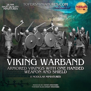 Vikingakrigsband. Set med 8 bepansrade vikingar med enhandsvapen och sköld. Modulära miniatyrer i kaliber 28 mm, 32 mm, 40 mm, 54 mm, 75 mm.