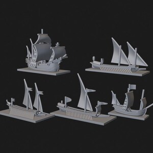 May include: A collection of miniature gray sailing ships, each with detailed masts, sails, and hulls. The ships are displayed on rectangular bases, showcasing various designs of historical vessels. The background is a solid dark gray.