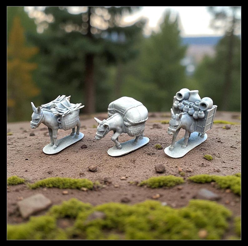 Set of 3 Medieval Donkeys With Market Goods - Wargaming Scenery. 28 Mm ...