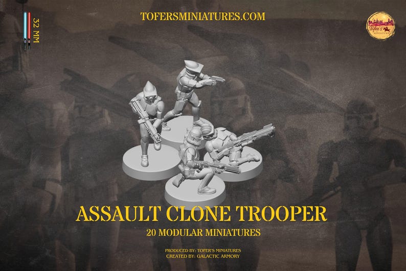 Puede incluir: Imagen promocional con cuatro miniaturas de Assault Clone Trooper, cada una sobre una base circular. Las figuras son de color gris claro y parecen impresas en 3D. El texto "ASSAULT CLONE TROOPER" y "20 MODULAR MINIATURES" est&aacute;n en amarillo. La imagen incluye el sitio web TOFERSMINIATURES.COM.