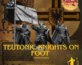 May include: Miniature Teutonic Knights on foot, each clad in black armor with cloaks. One holds a flag, another a sword, and the third a horn. The banner reads "Black Knight Miniature". The miniatures are approximately 28 mm tall.